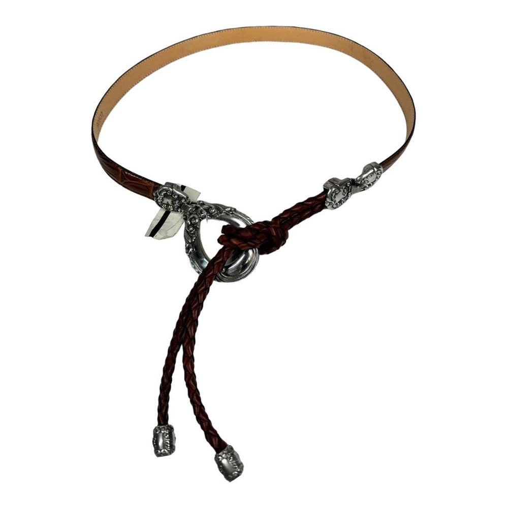 Vintage 90s Western Brown Leather Braided Double Tie Belt M/L Silver Croc New